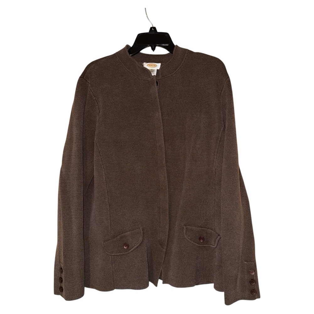 Talbots Womens Silk Blend Brown Knit Blazer Jacket XL Hidden‎ Button Front